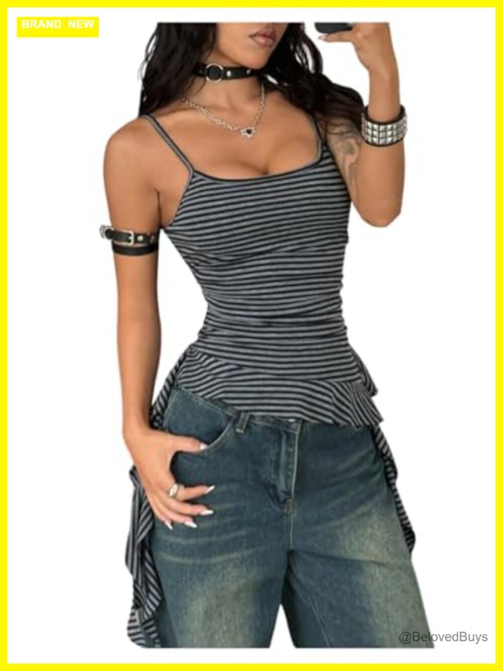 Women's Y2K Striped Ruffle Cami Tank Grunge Fairy Grunge Top